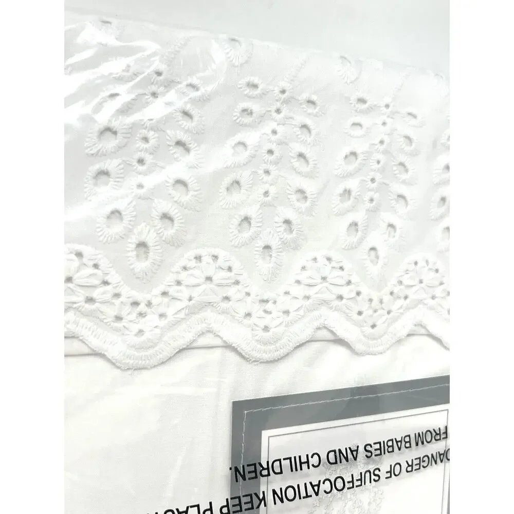 Rachel Ashwell Embroidered Eyelet Hem QUEEN Sheet Set White All Cotton NIP